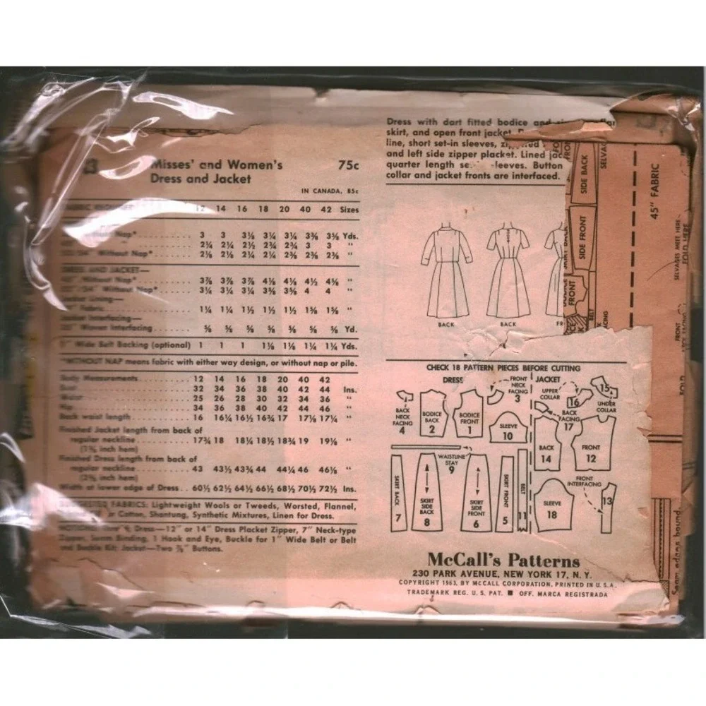 Vintage 1963 McCalls 6903 Dress and Jacket Sewing Pattern Size 40 42 Bust 42 44